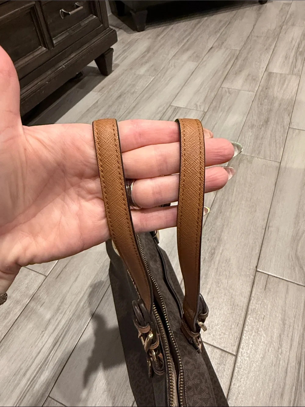 Michael Kors Brown Logo-Print Tote with Tan Straps